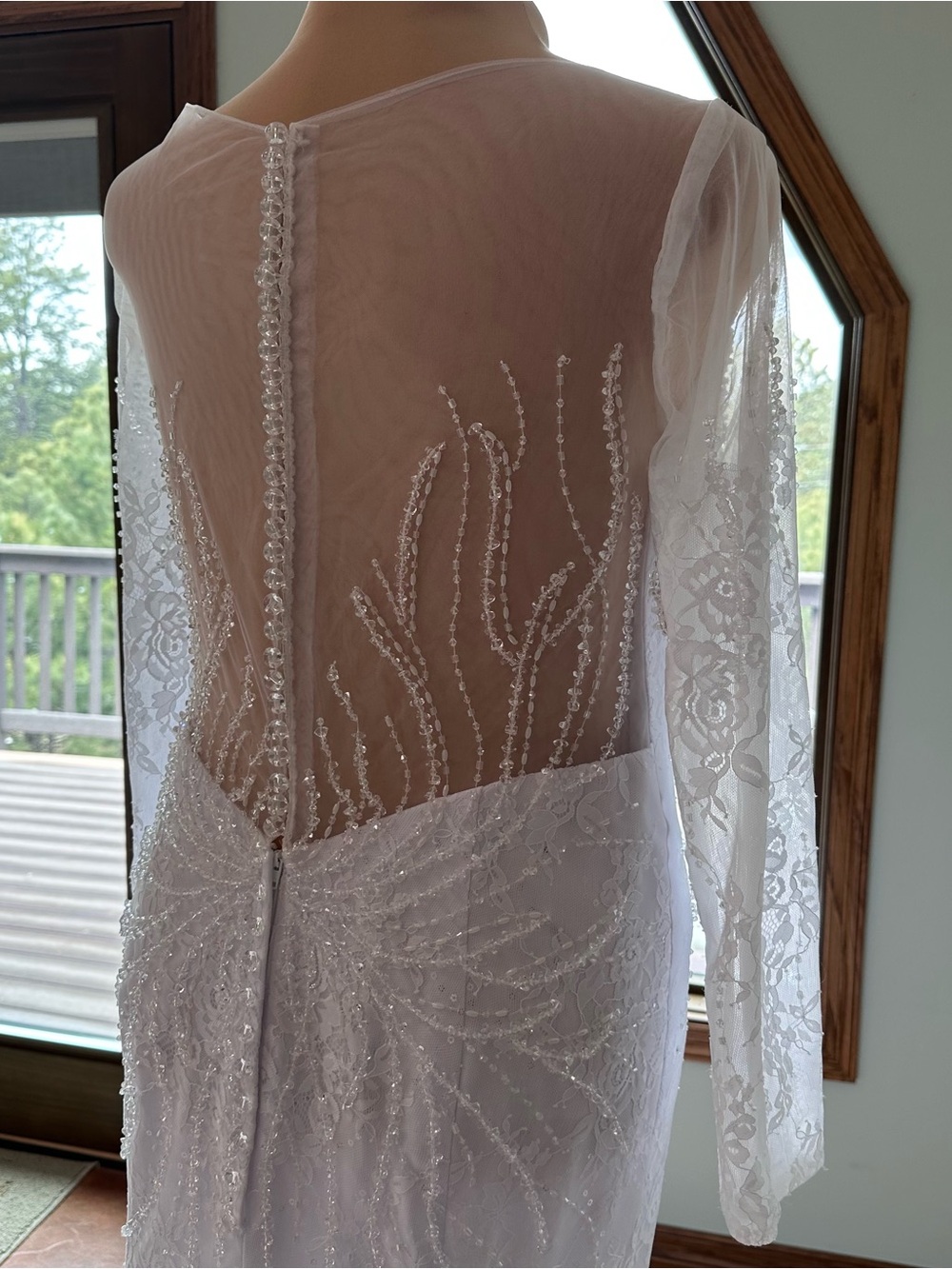 NWOT White Beaded Lace Wedding Dress Long Sleeve Mermaid Gown Sheer Back Train - Picture 8 of 14